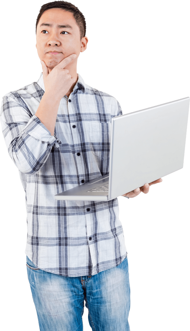 Transparent Asian Man Holding Laptop Thoughtful Expression