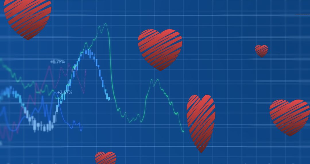 Financial Graphs with Red Hearts Overlay on Blue Background