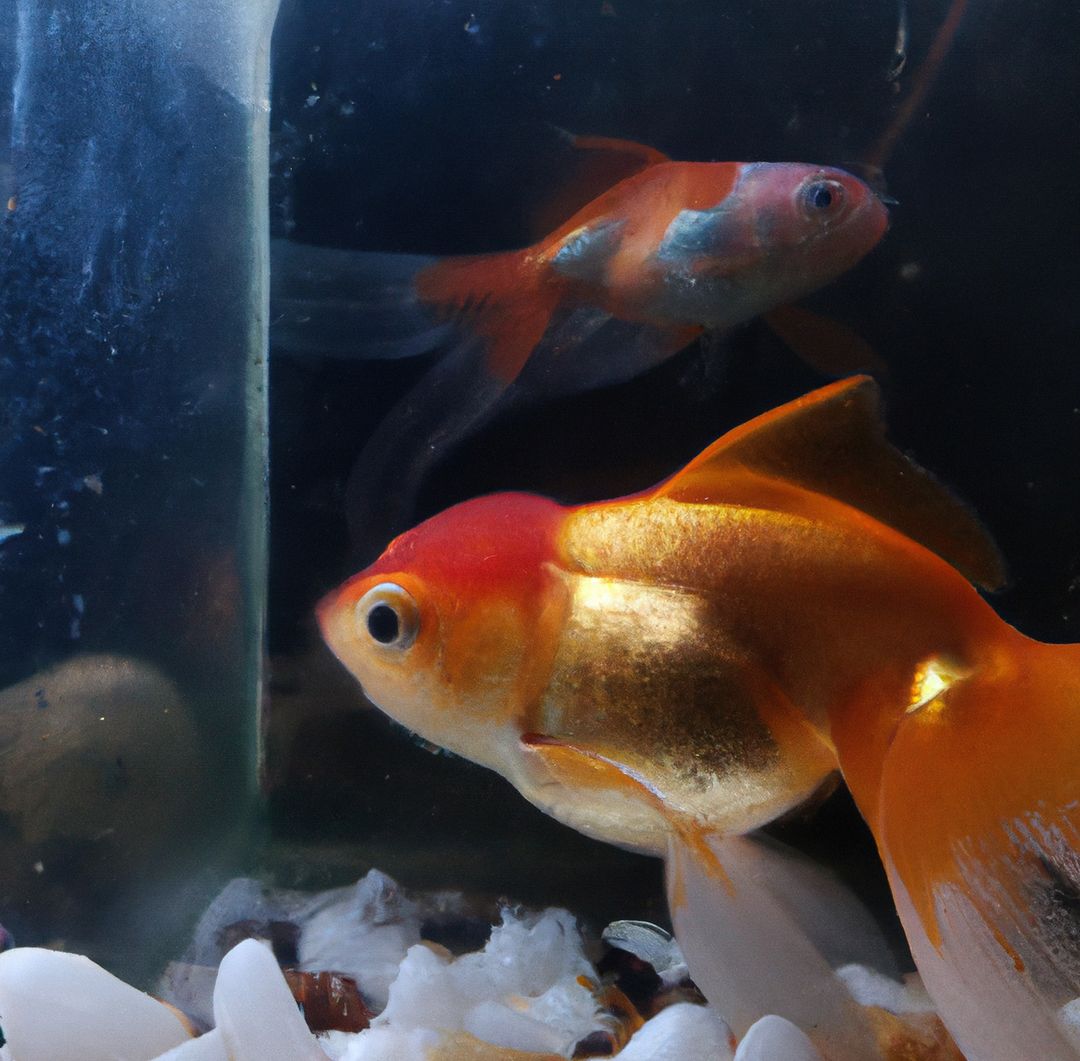 Image of close up of gold fish swimming in tank on dark background - Free Images, Stock Photos and Pictures on Pikwizard.com