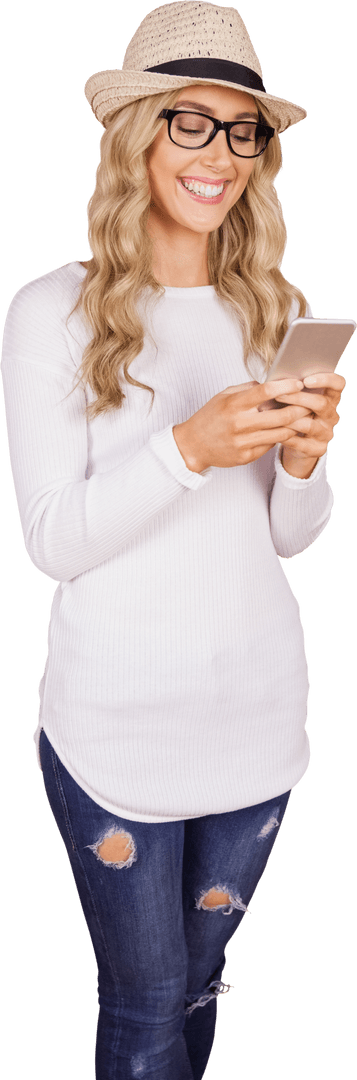 Caucasian Woman Engaged with Smartphone on Transparent Background