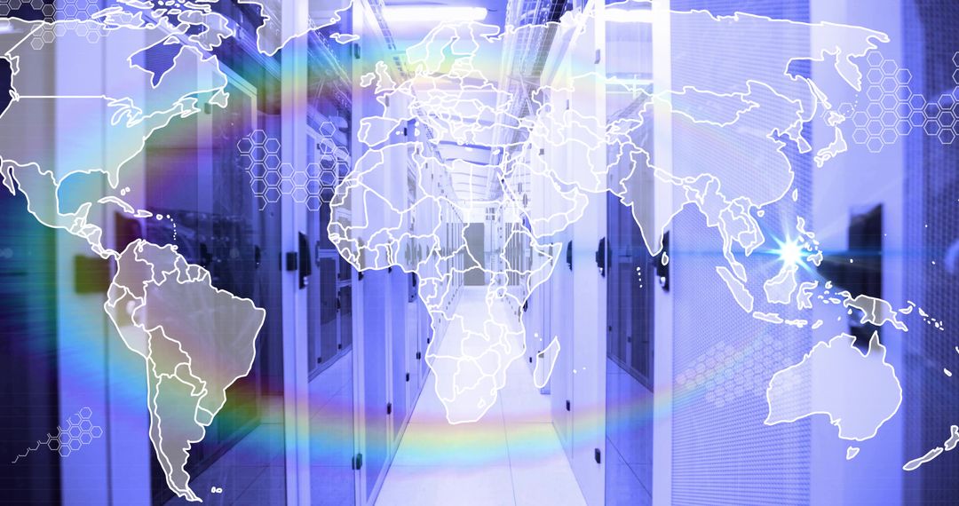 Futuristic Data Center with World Map Overlay