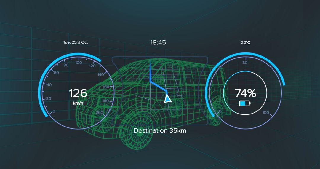 Futuristic Digital Interface Over Wireframe Vehicle