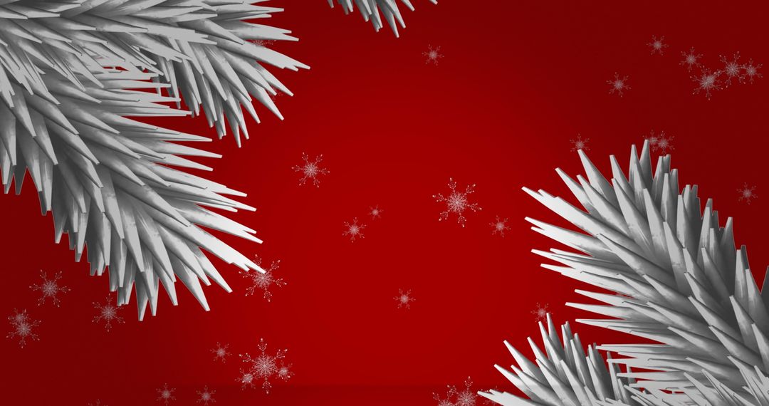 White Christmas Tree Branches with Snowflakes on Red Background