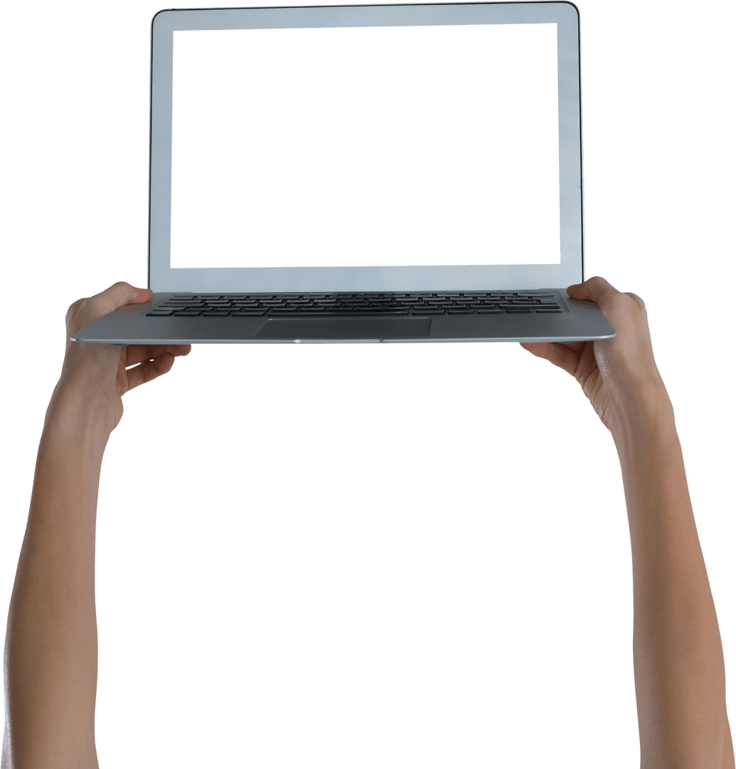 Transparent Laptop Held by Female Hands in Creative Presentation