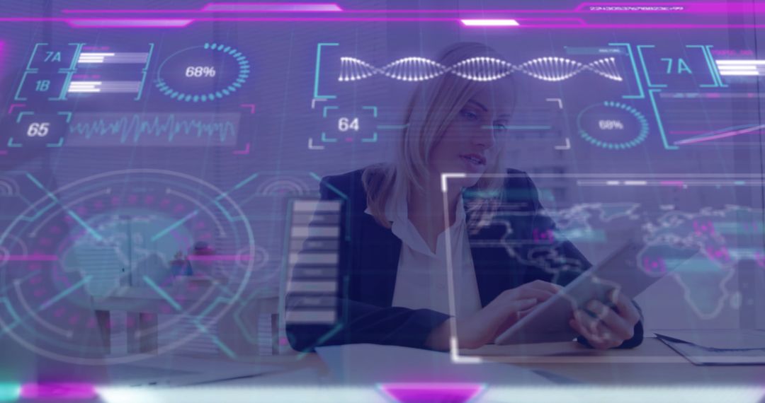 Businesswoman Analyzing Data with Futuristic Holographic Interface