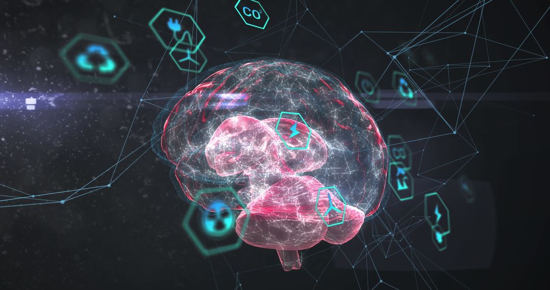 Digital Network Icons Encompassing Human Brain on Dark Background