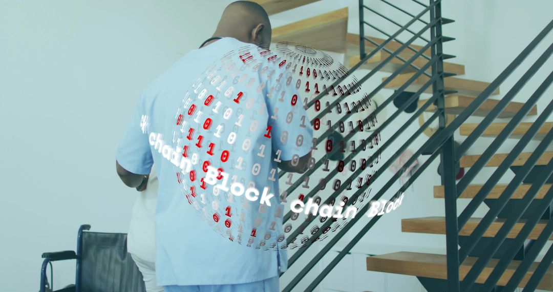 Nurse Assisting Patient with Blockchain Hologram in Health Tech Scene