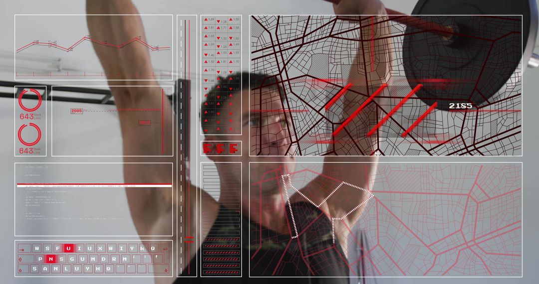 Man Lifting Barbell with Digital Overlay in Modern Gym