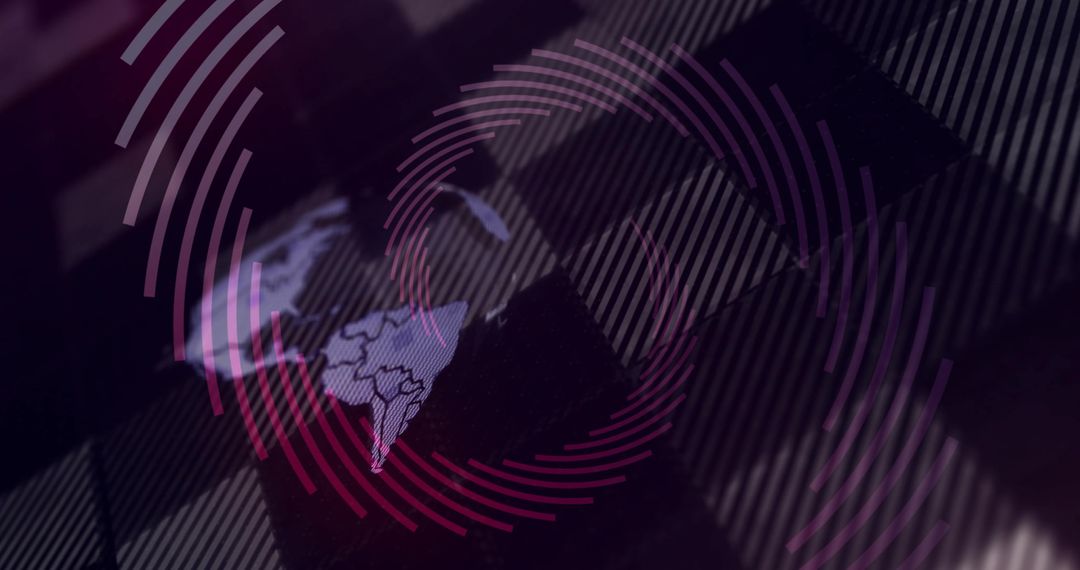 Pulsing Americas map over abstract digital tile grid with magenta rings and data ripples