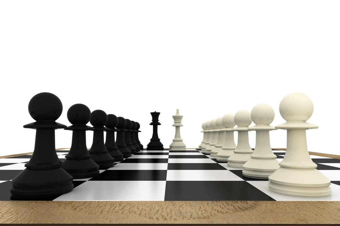 Transparent Chess Board with White and Black Pawns Ready for Battle