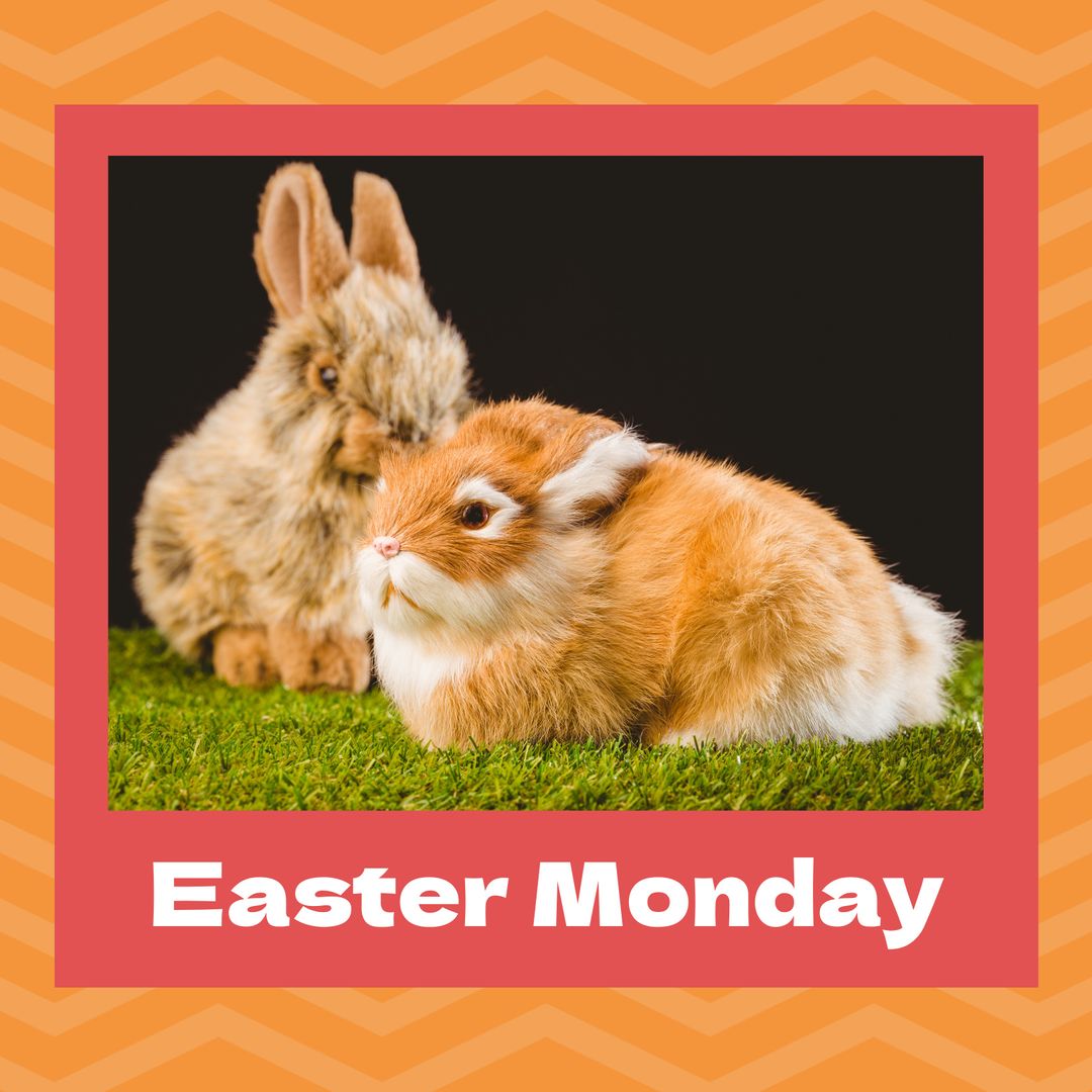 Easter Monday Celebration with Plush Rabbits and Vibrant Text