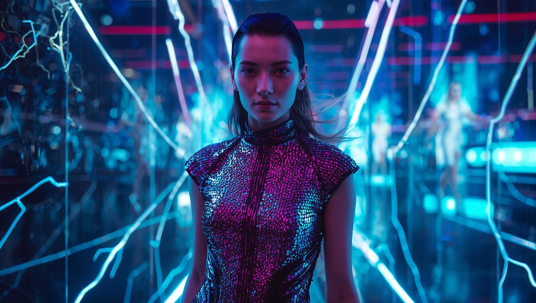 Futuristic Fashion AI-Modeled in Neon Corridor