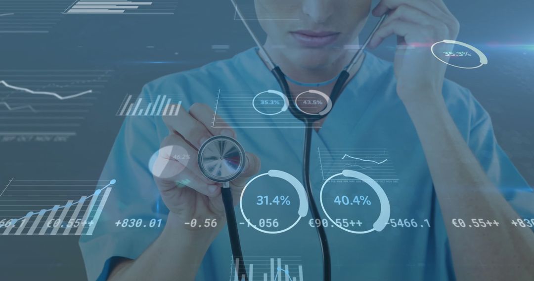 Female Doctor Using Stethoscope with Digital Data Visualization