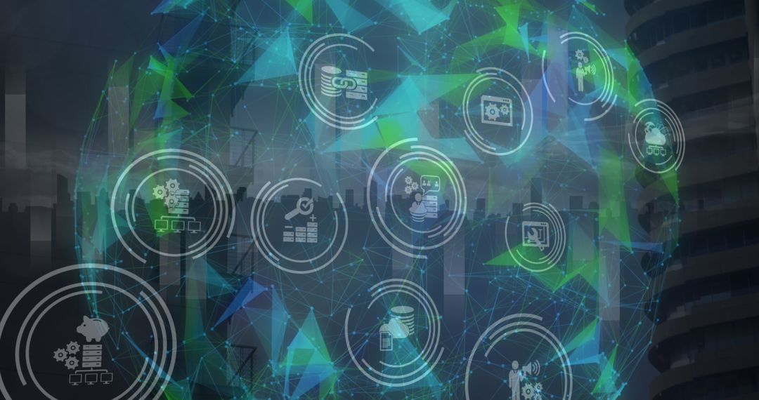 Digital Icons over Plexus Network Globe with Cityscape