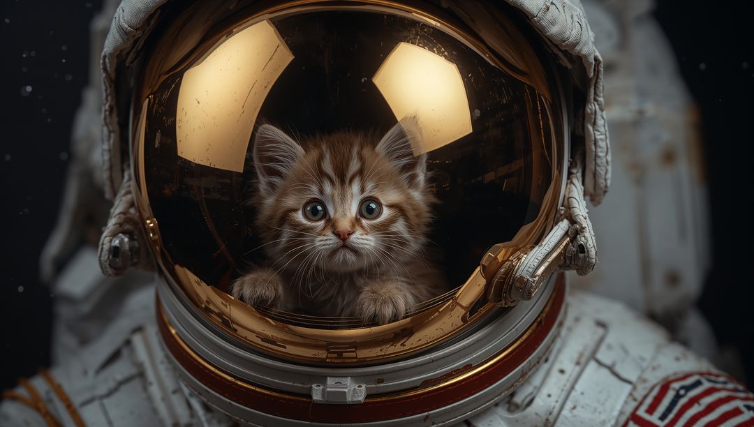 Curious Tabby Kitten Exploring Gold Astronaut Helmet Visor in White Space Suit