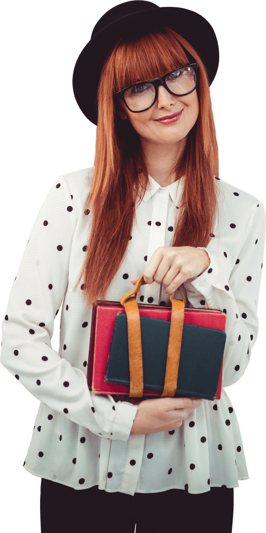 Smiling Hipster Woman with Transparent Fashion Style Holding Red Book