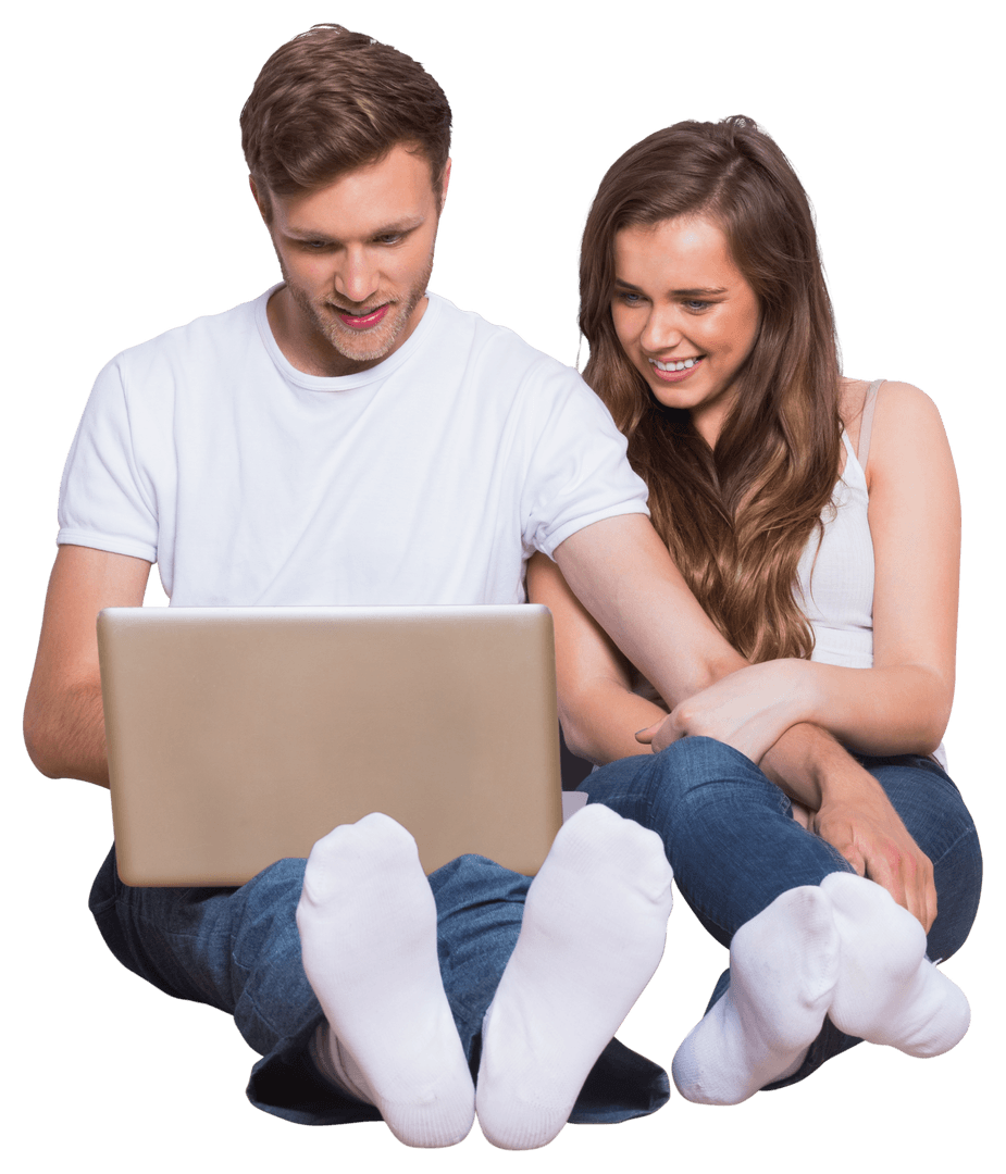 Joyful Couple in White Using Laptop with Transparent Background