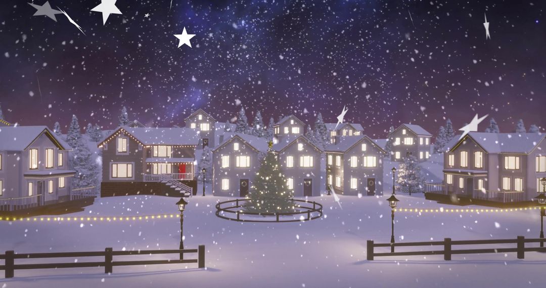 Twilight Winter Village with Sparkling Christmas Trees and Decorations