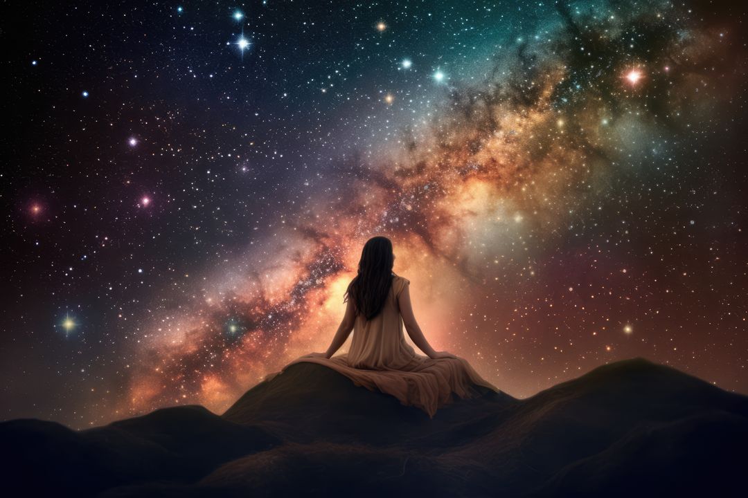 Woman Stargazing Milky Way Galaxy, Admiring Night Sky on Hilltop - Free Images, Stock Photos and Pictures on Pikwizard.com