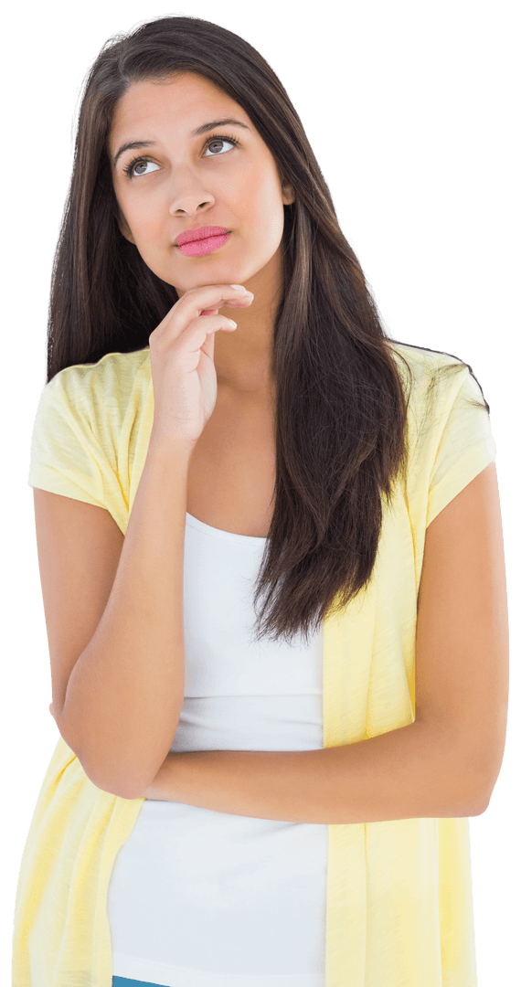 Thoughtful Woman Pondering with Hand on Chin on Transparent Background