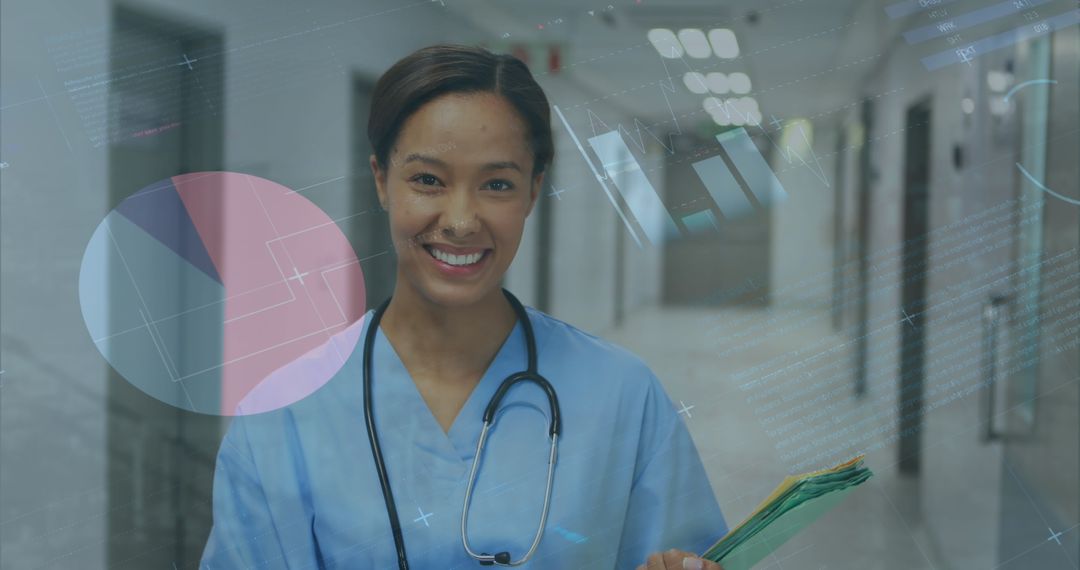 Smiling Nurse in Hospital Corridor Approach with Infographic Overlay