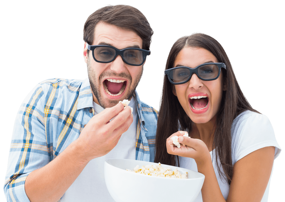 Animated Couple Watching 3D Movie with Popcorn on Transparent Background