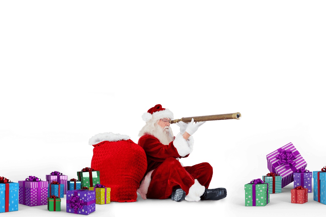 Santa Claus Observing Through Telescope and Gifts Transparent Background