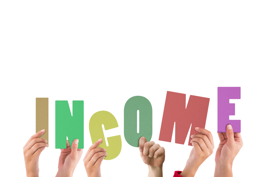Diverse Hands Holding Income Text on Transparent Background