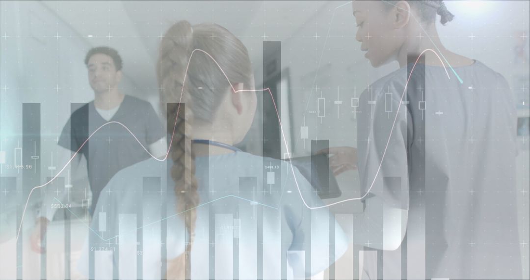 Medical Team Collaborating with Digital Statistical Data Visualization