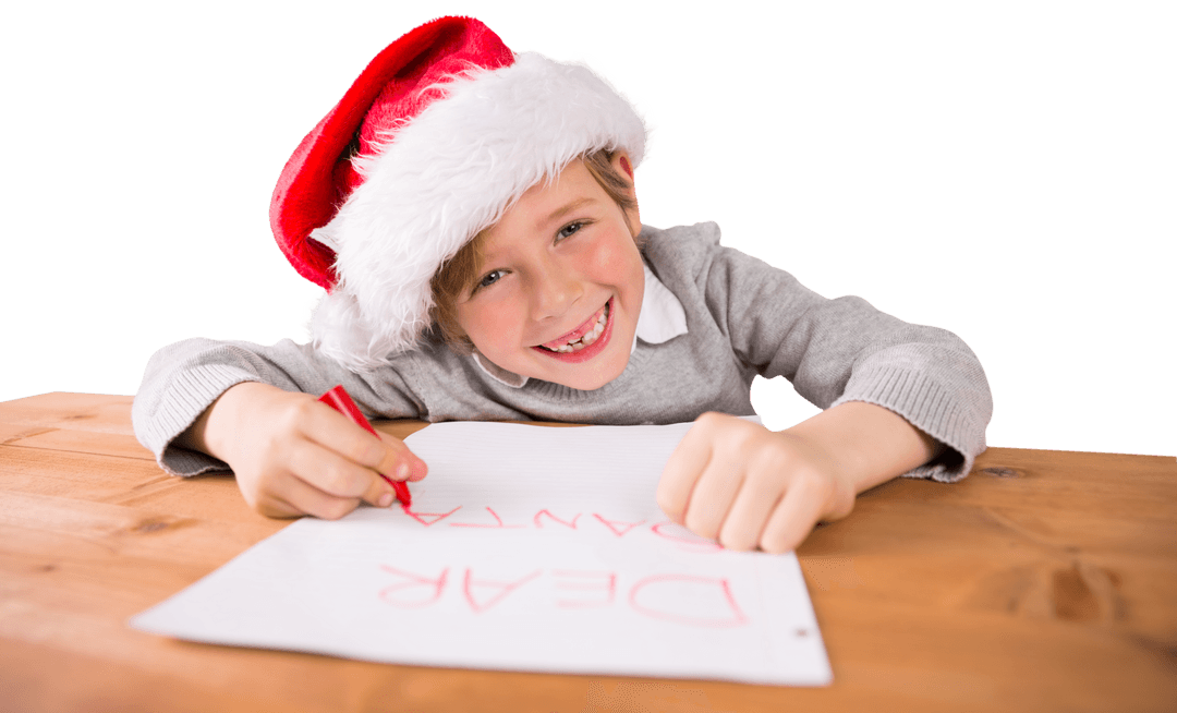 Joyful Caucasian Boy Writing Santa Letter Background Transparent