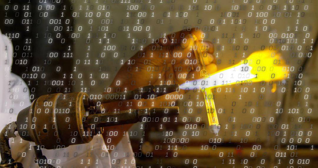 Scientist Analyzing Heated Sample Behind Digital Binary Code Overlay