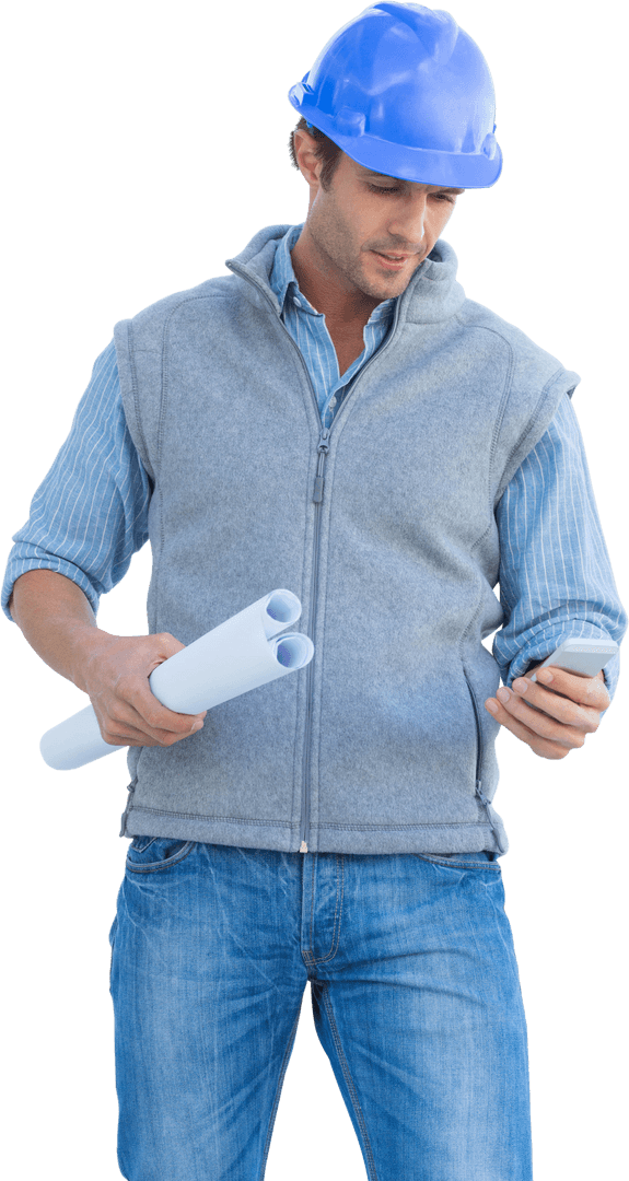 Transparent Engineer Holding Plans Using Mobile - Download Free Stock Images Pikwizard.com