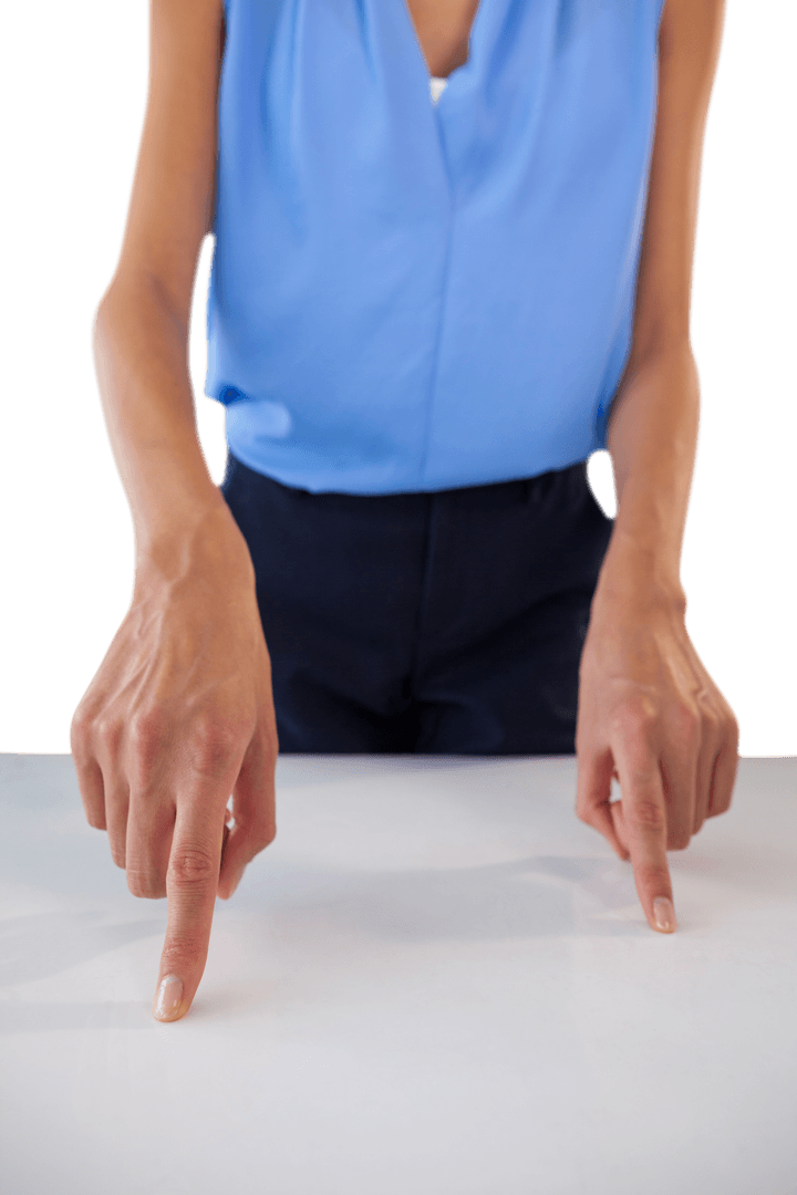 Transparent Hands of Businesswoman Gesturing Toward Surface