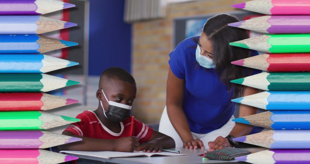 Teacher and Student Collaborating During COVID-19 with Vibrant Pencils Overlay