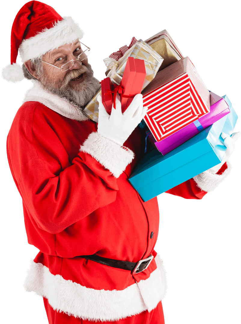 Transparent Santa Claus Holding Gift Stack Collectively