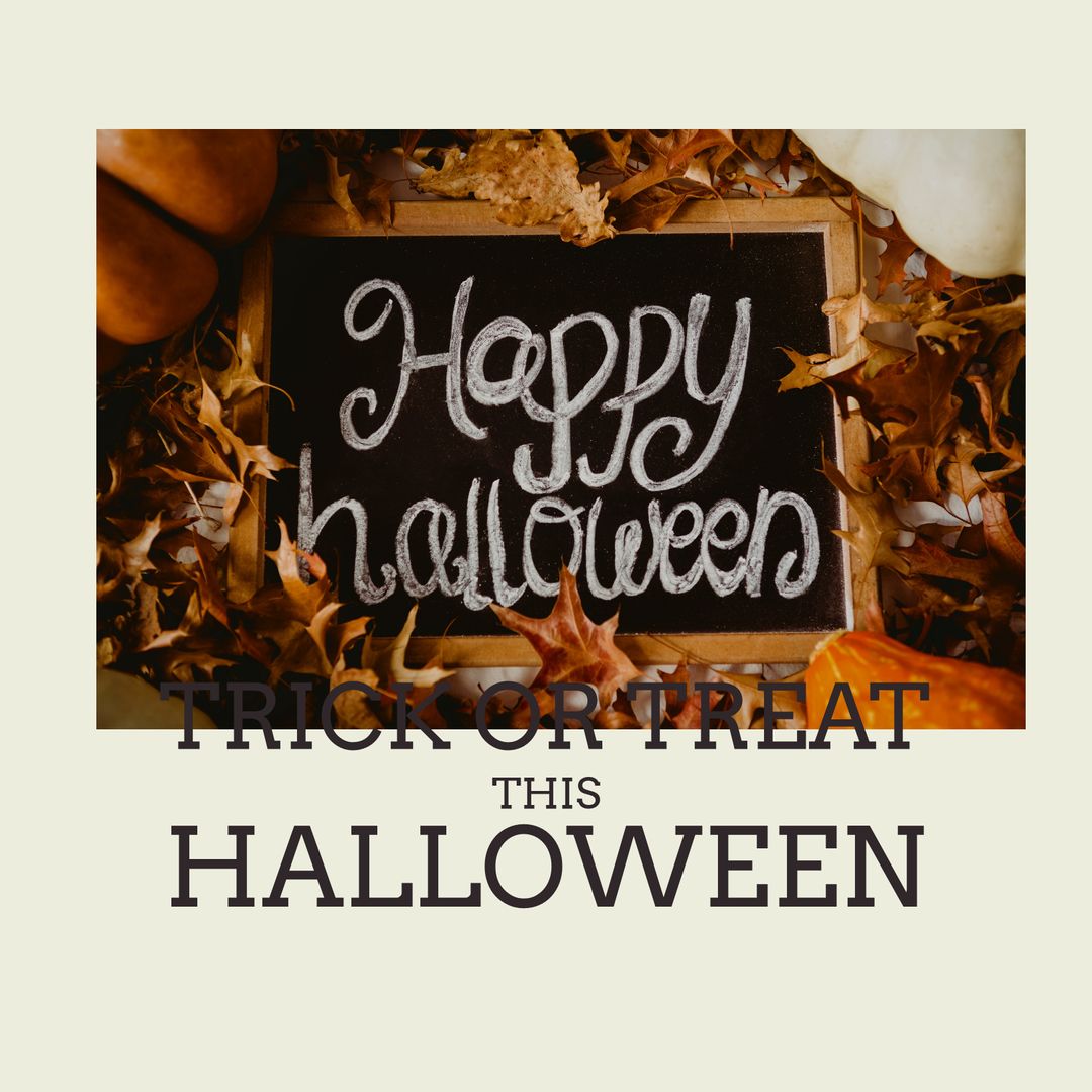 Halloween Chalkboard Surrounded by Autumn Leaves Announcement