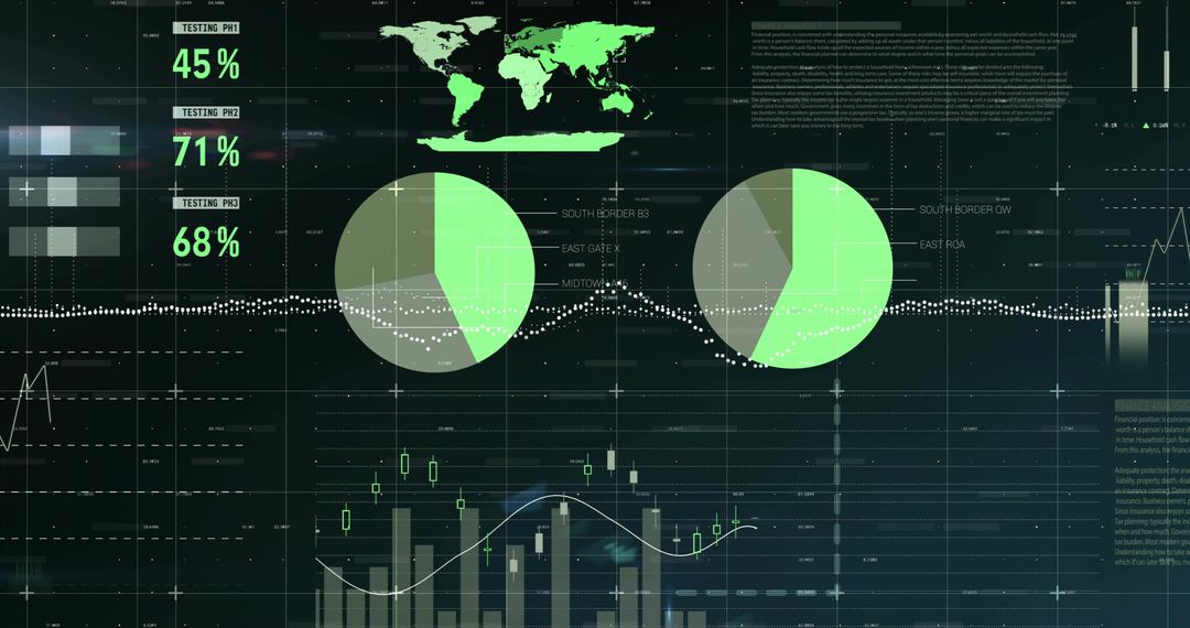 Visualizing futuristic neon data dashboard with global analytics, pie charts, candlesticks