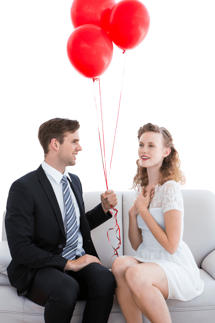 Romantic Guy Giving Red Balloons to Woman Transparent Backdrop