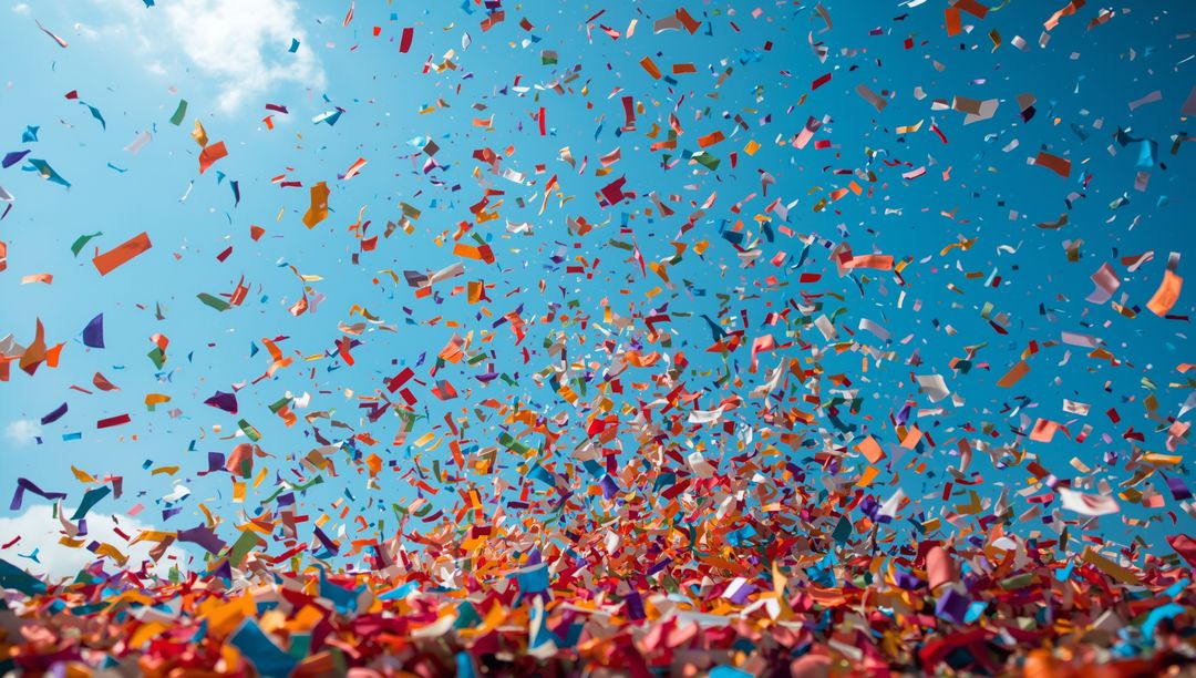 Vibrant Celebration with Colorful Confetti in Clear Blue Sky