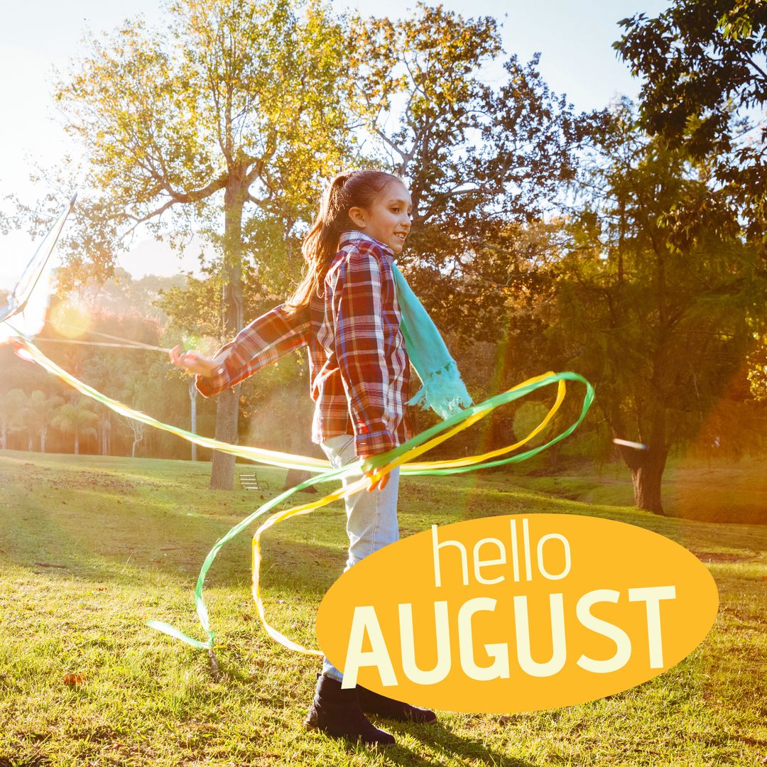 Hello August: Girl Enjoying Summer Outdoors with Ribbon