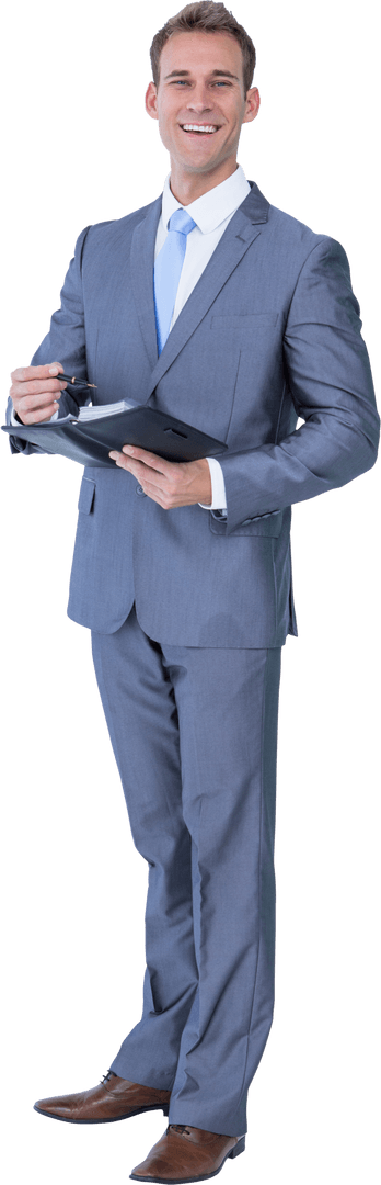 Happy Caucasian Businessman with Folder on Transparent Background