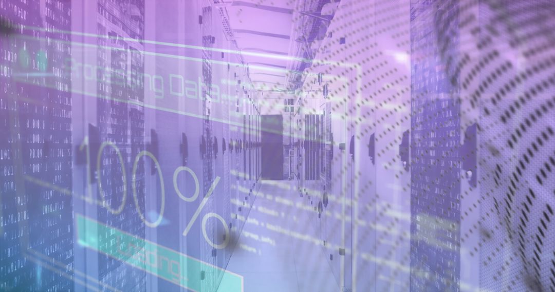 Digital Data Processing in a Server Room With Futuristic Overlay