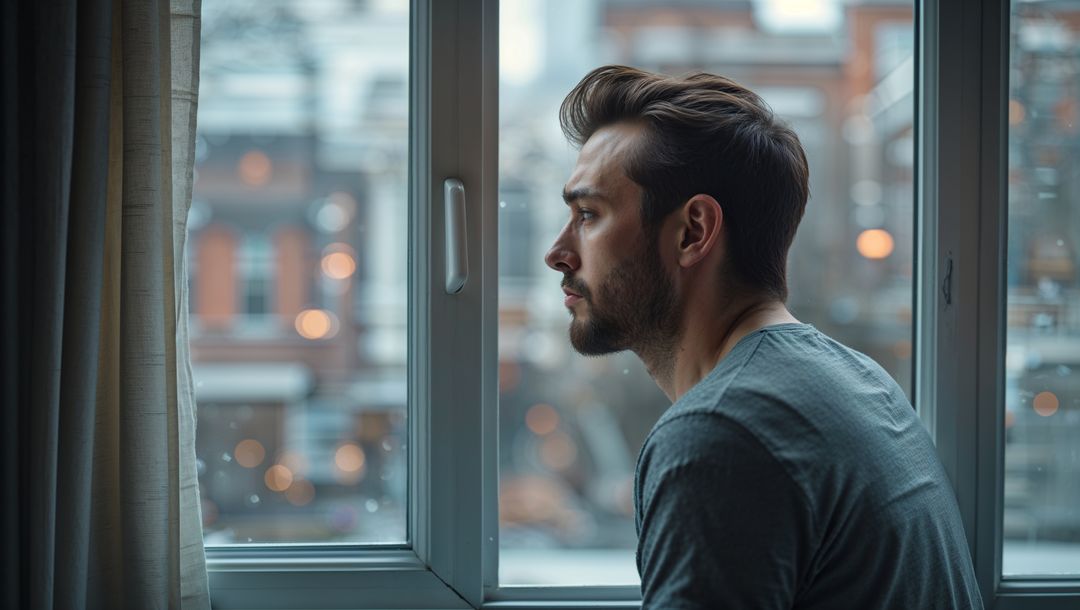 Reflective Man Gazing Through Window at Winter Urban Scene