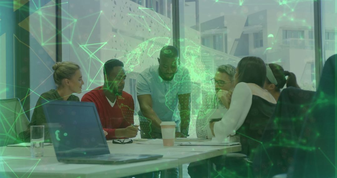 Business Team Collaborating In Futuristic Office with Holographic Technology