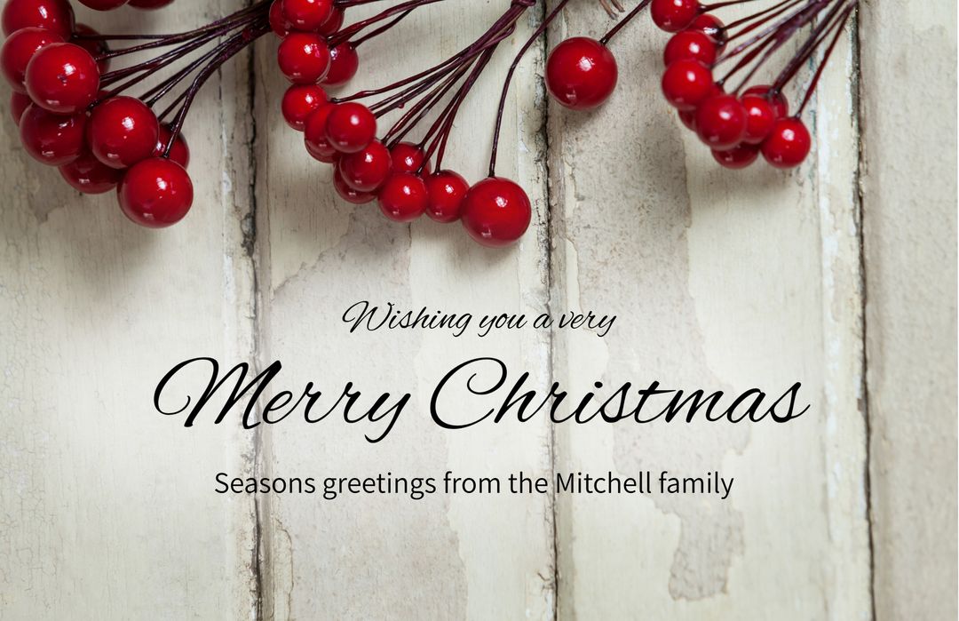 Festive Christmas Card with Red Berries on Rustic Wood Background
