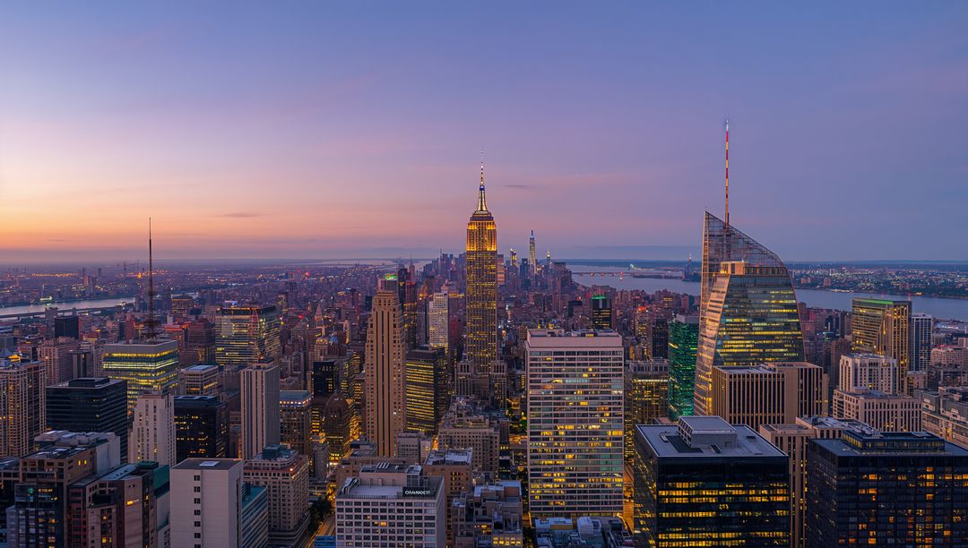 Panoramic Midtown Manhattan skyline at dusk featuring Empire State Building glowing spire