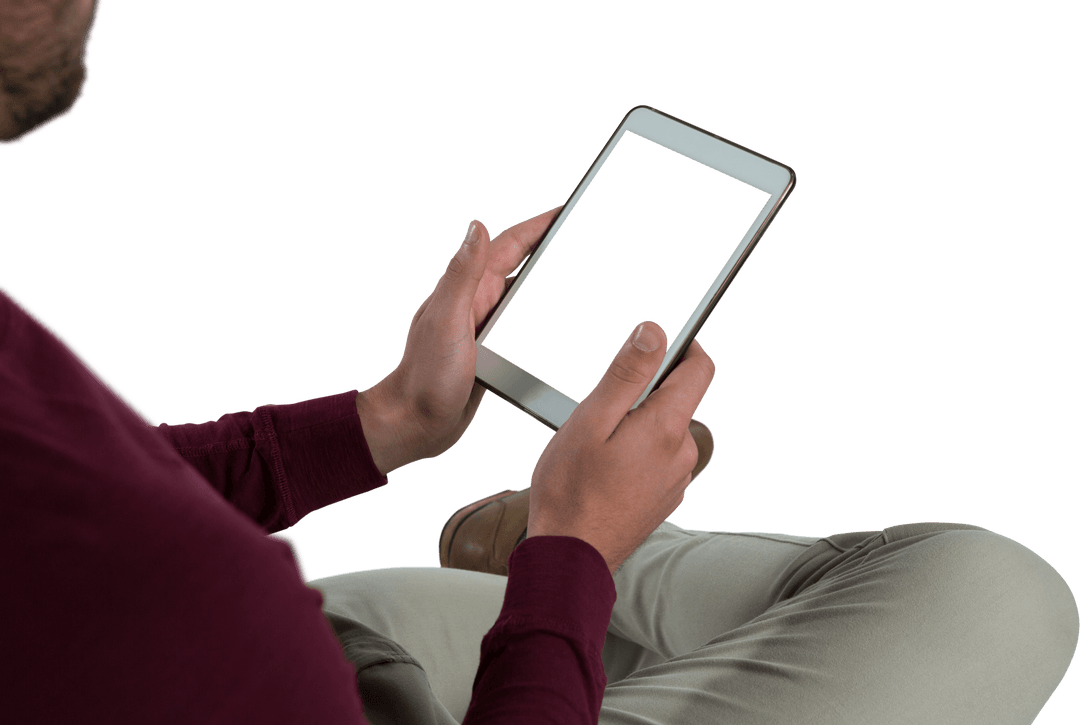 High angle transparent view of man holding a blank screen tablet