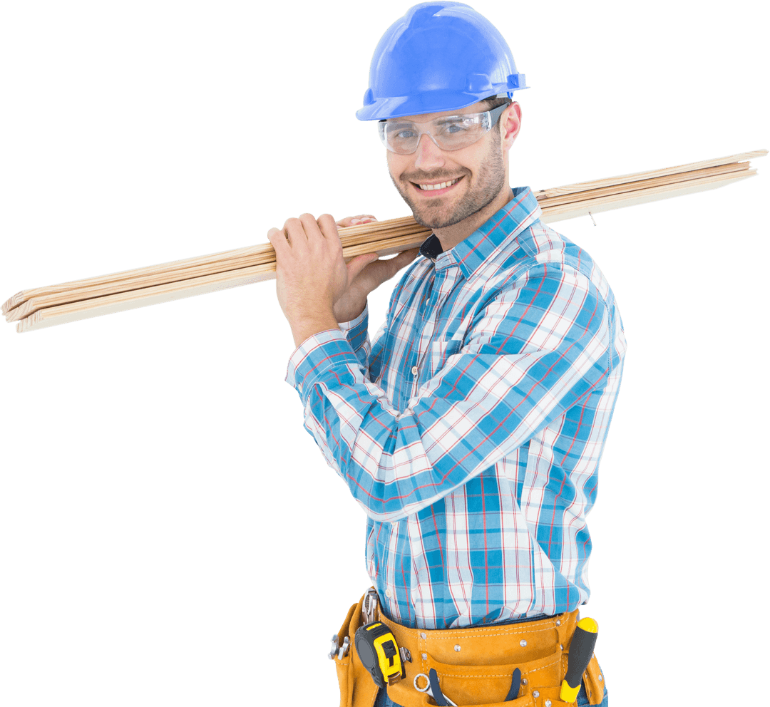 Transparent Construction Worker Carrying Wooden Planks with Confidence