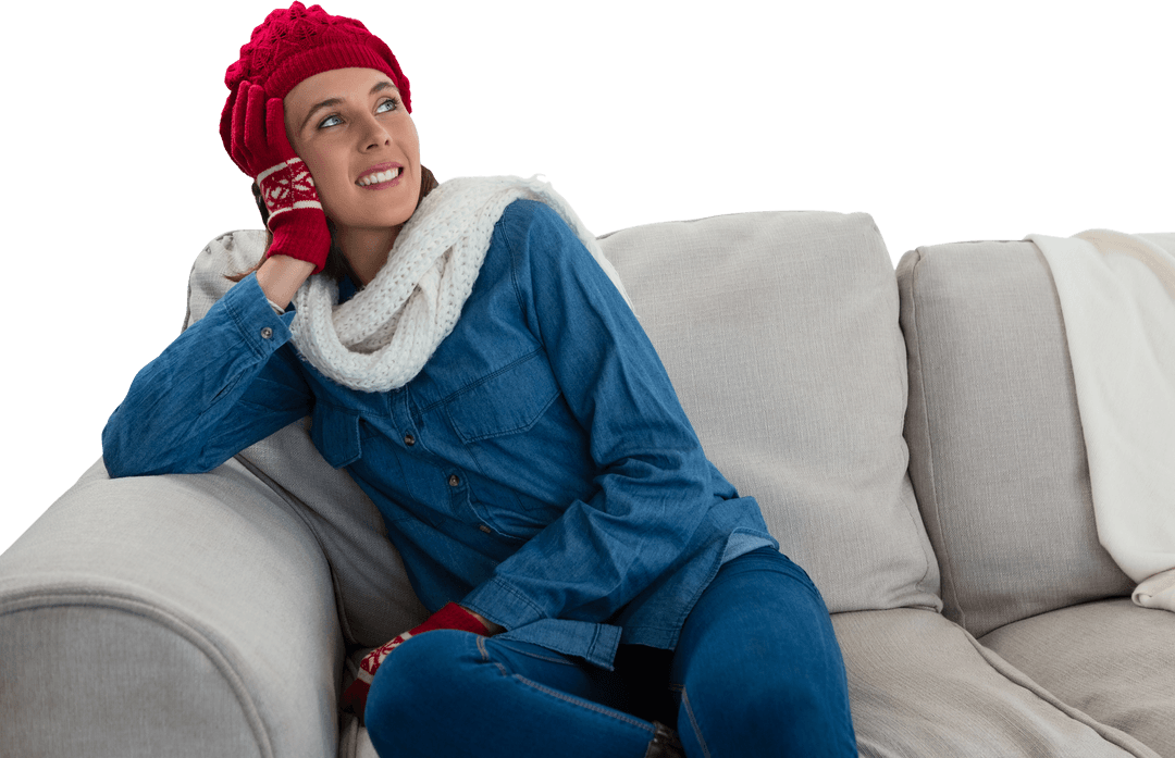 Woman in Red Hat Relaxing on Sofa with Winter Vibes Transparent