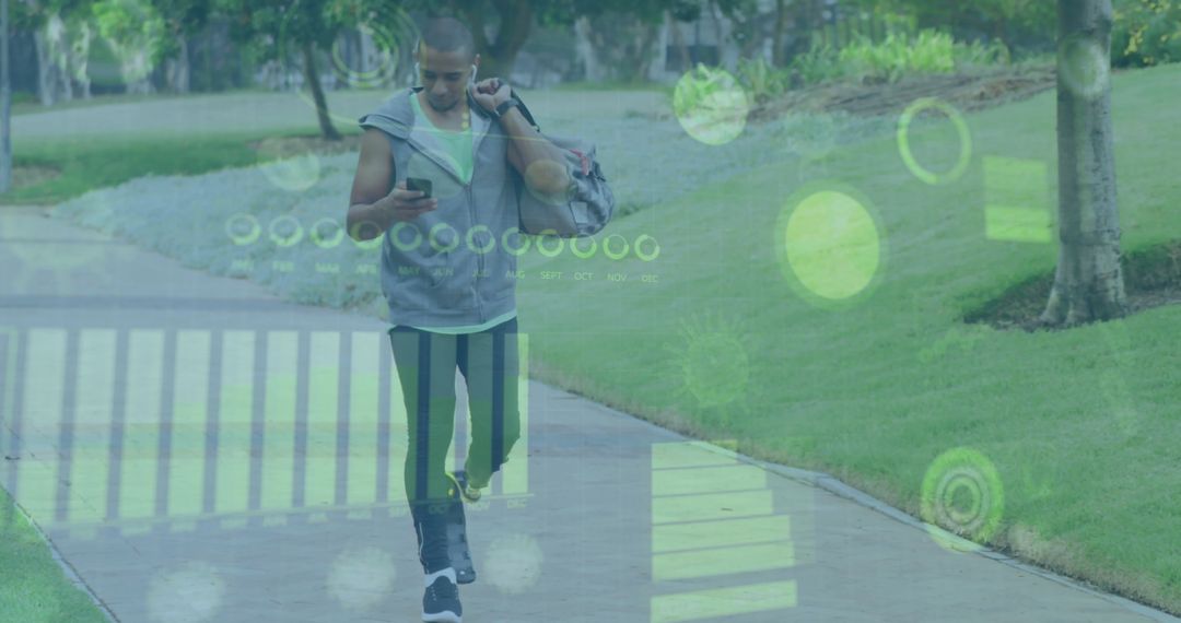 Athletic Man Walking and Viewing Smartphone with Futuristic Display